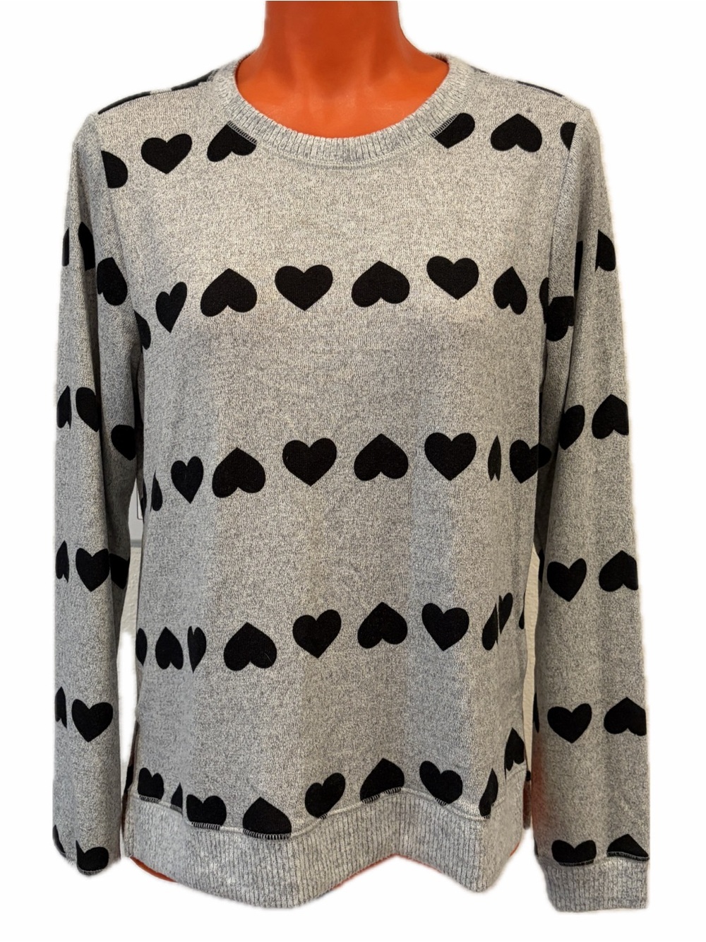 Lucky Brand Gray Sweater with Black Heart Pattern